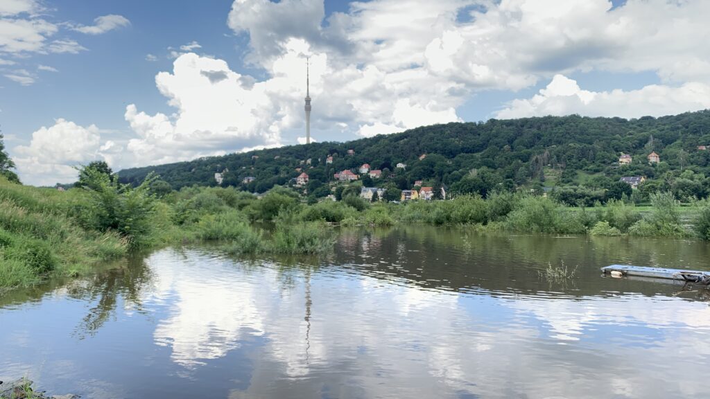 Die Elbe mit dem Fernsehturm im Hintergrund