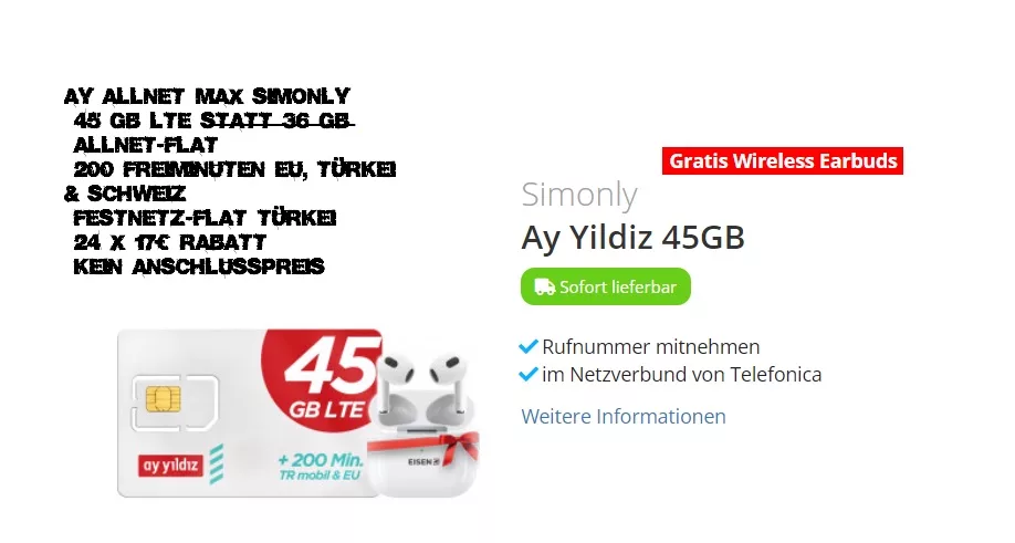 DEALS bei Smarttarif24 - Smarttarif24 Gutscheine mit Gratis Wireless Earbuds 5 45 GB + Earbuds Smarttarif24 Gutscheine mit Gratis Wireless Earbuds